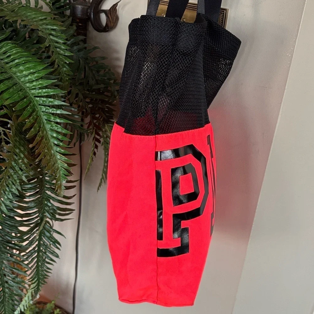 PINK Victoria's Secret Neon Coral & Black Mesh Beach Tote Bag Graphic Logo Y2K
